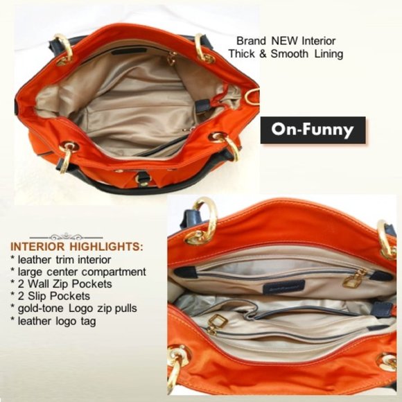 Orange Nylon Black Real Leather Trim Tote Travel Shopping Bag Carryall Shoulder - Picture 7 of 12